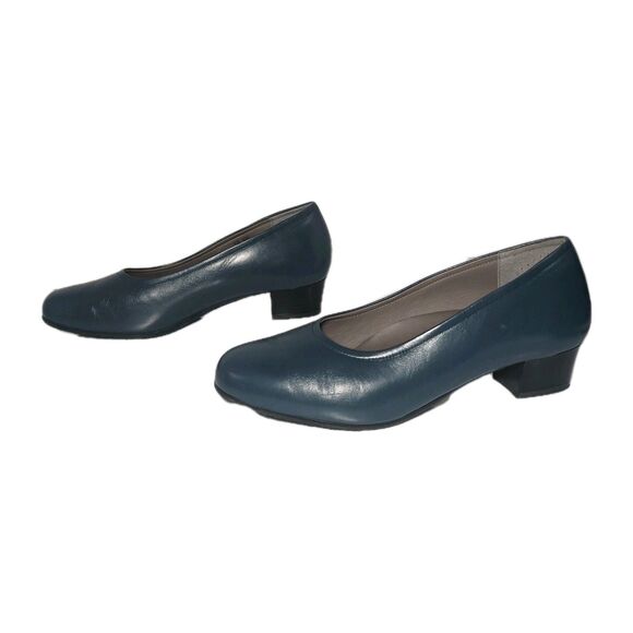 SAS Regina Made in Italy Leather Low Heel Pumps Blue 8W Wide Comfort Work Shoe - Picture 12 of 16